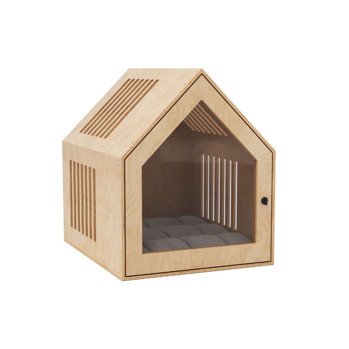 Cozy wooden indoor dog house providing a secure and stylish den for a pet.