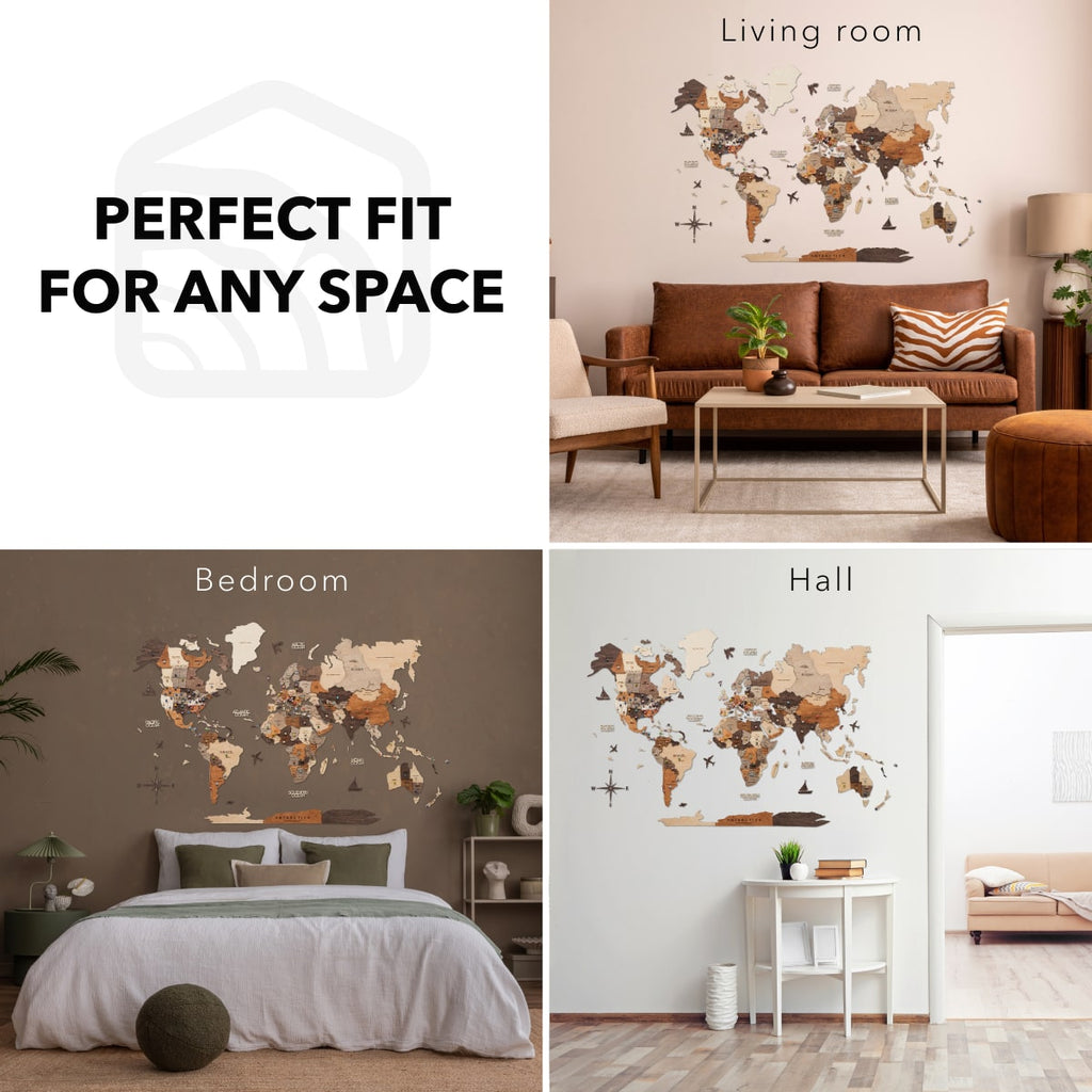 3D Wooden World Map Multicolor Handcrafted Travel Wall Art