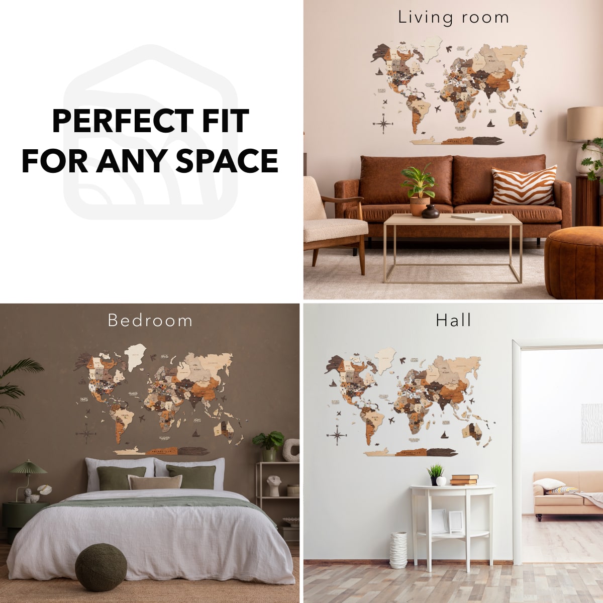 3D Wooden World Map Multicolor Handcrafted Travel Wall Art