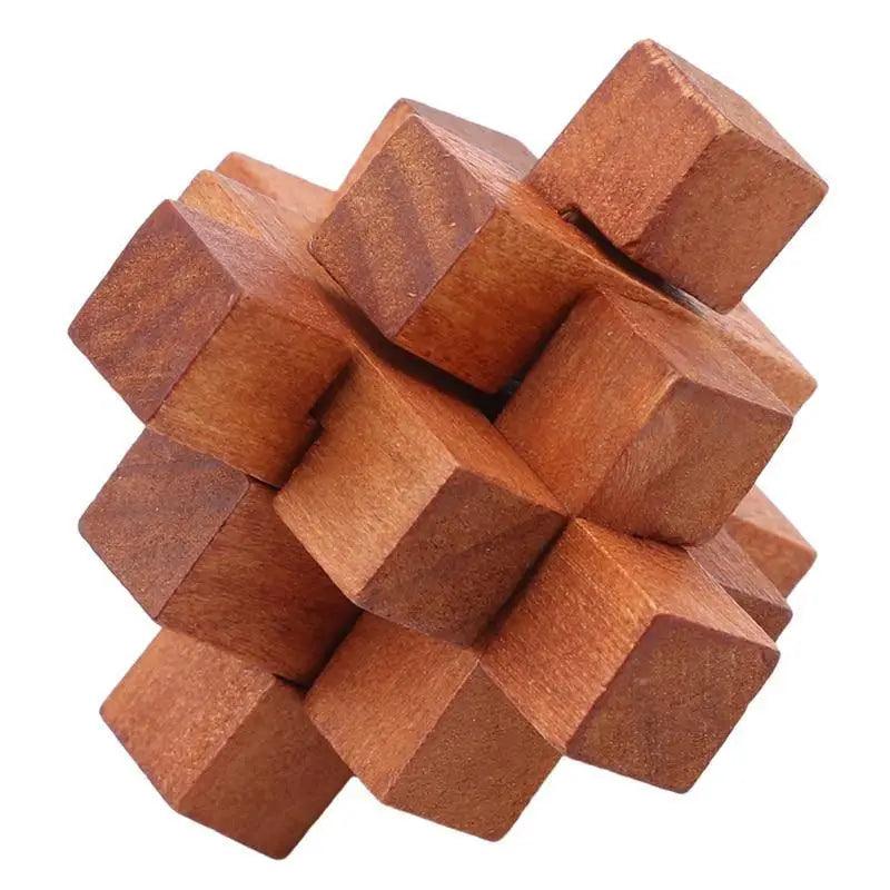 Wooden Interlocking Burr Puzzle - Brown and Tan Brain Teaser