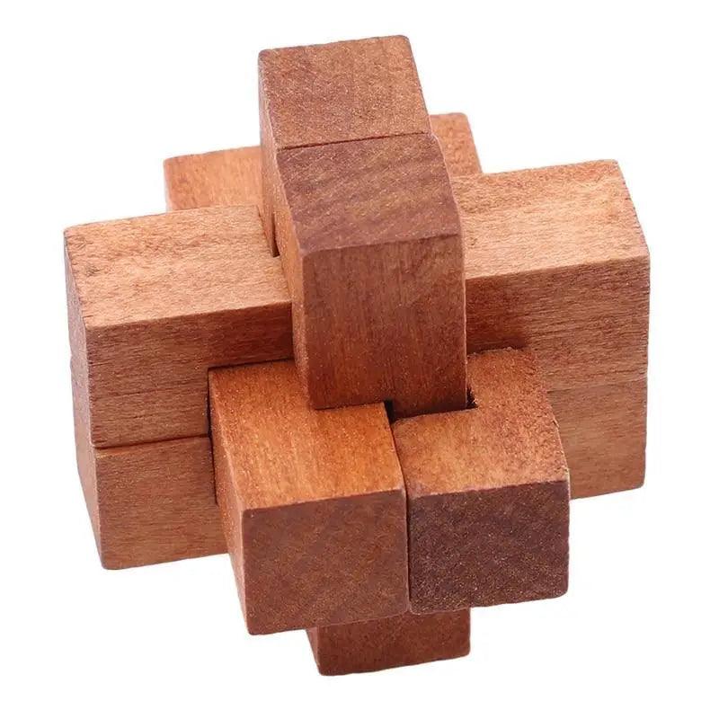 Wooden Interlocking Burr Puzzle - Brown and Tan Brain Teaser