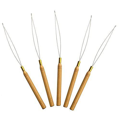 Professional light-brown wooden handle needle threader with a gold loop for hair extensions