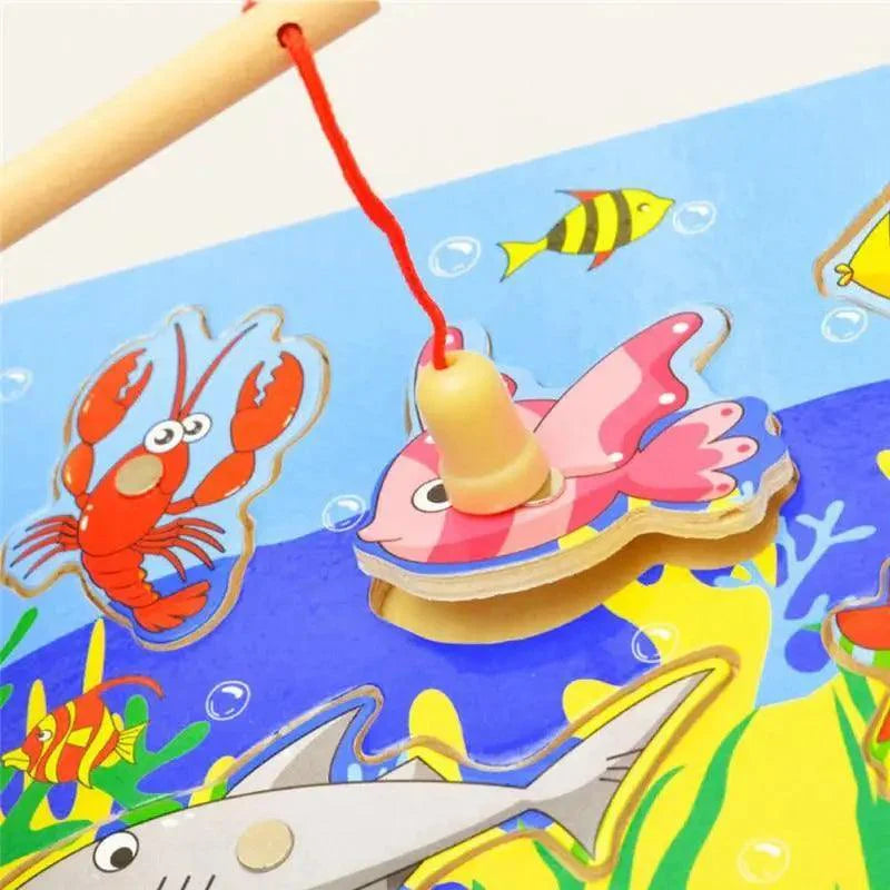 Wooden magnetic fishing board puzzle with colorful fish pieces for toddlers