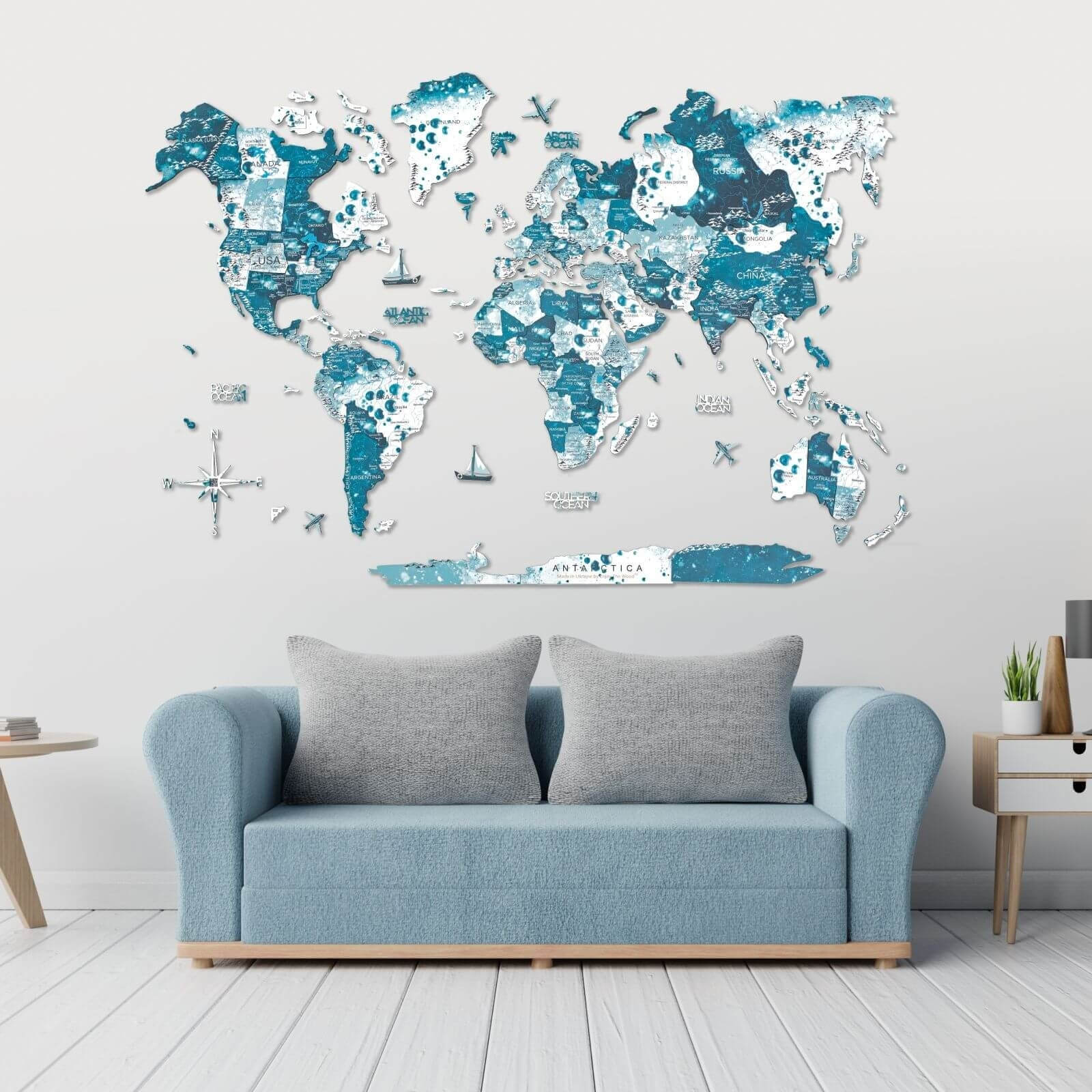 3D Wooden World Map in Aurora blue color scheme mounted on a wall as decorative art