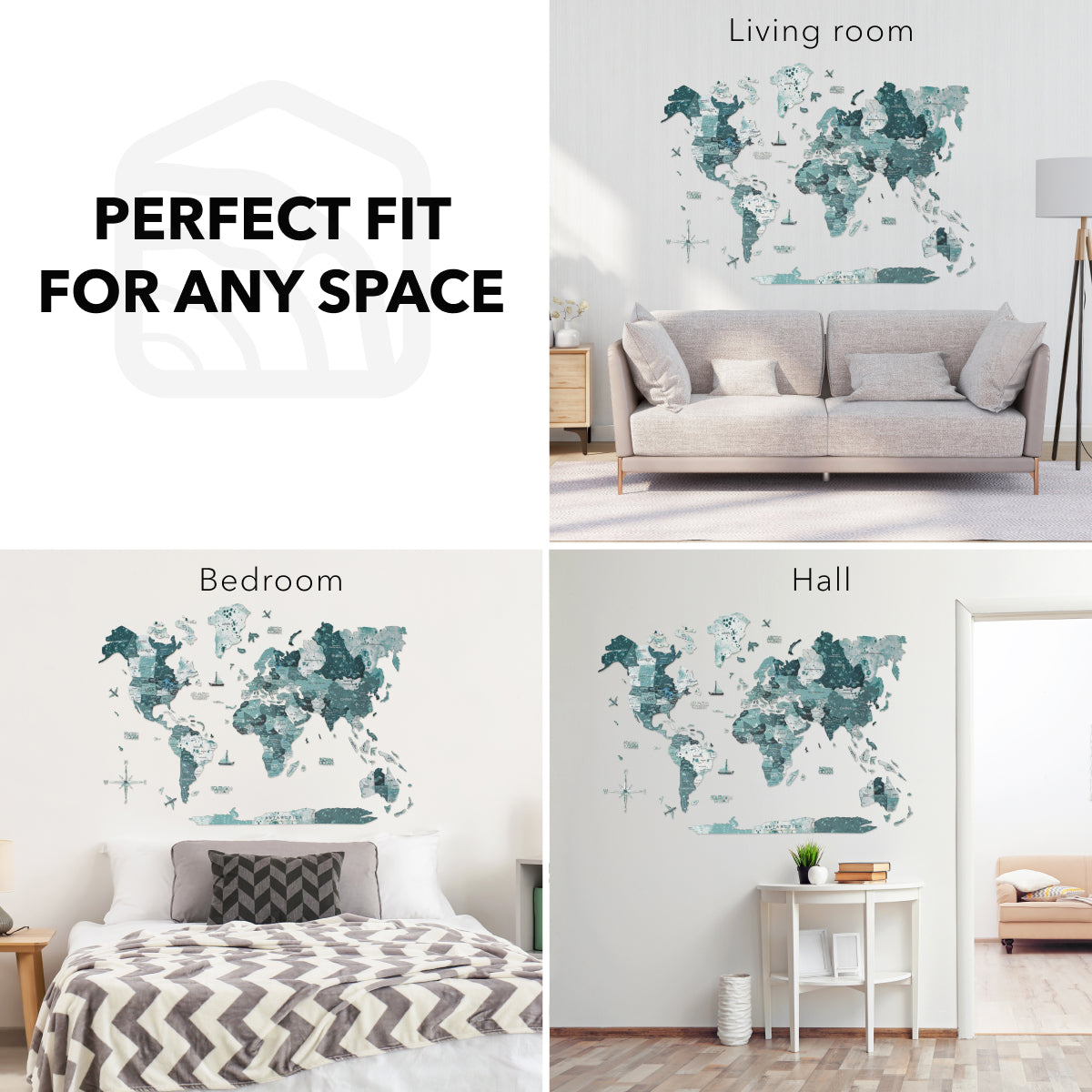 3D Wooden World Map Aurora Blue Wall Art for Home Decor