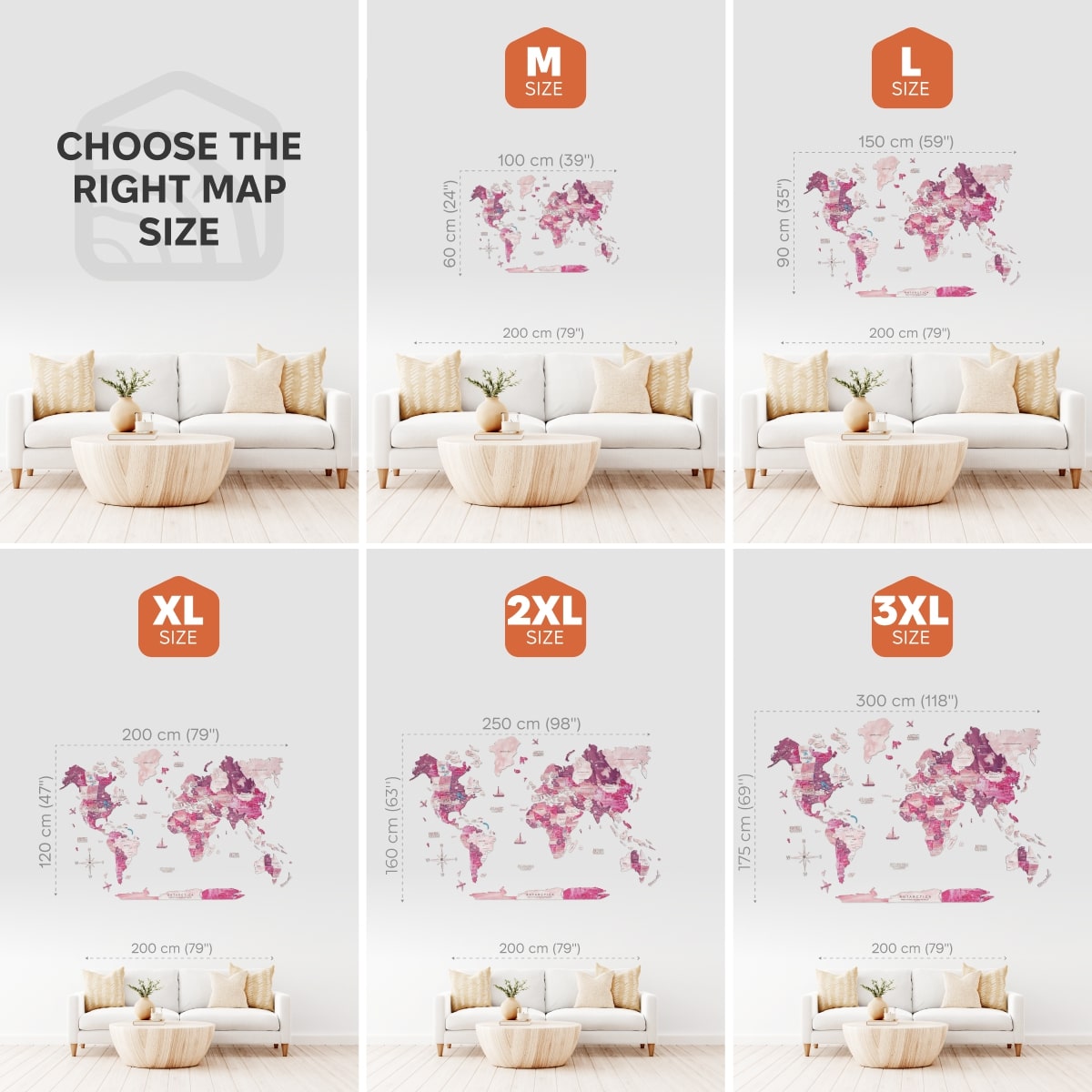 3D Wooden World Map Wall Art, Large Ombré Pink Geometric Decor