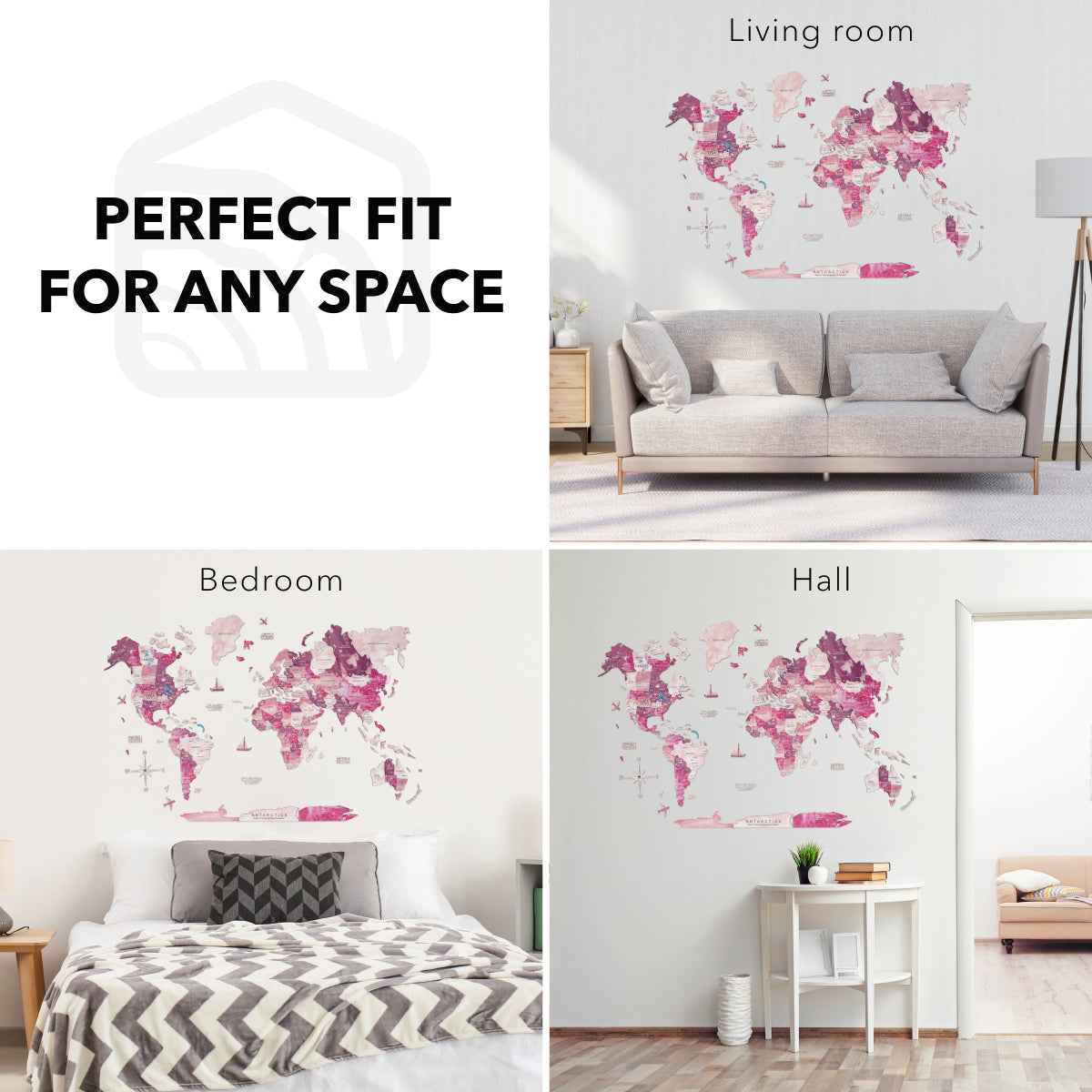 3D Wooden World Map Wall Art, Large Ombré Pink Geometric Decor