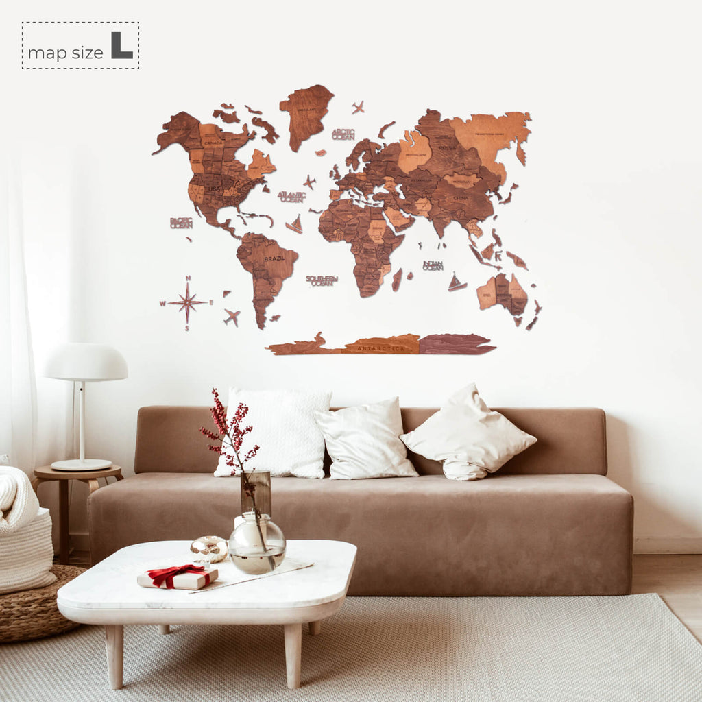 3D Wooden World Map in Oak for Modern Nature-Inspired Decor