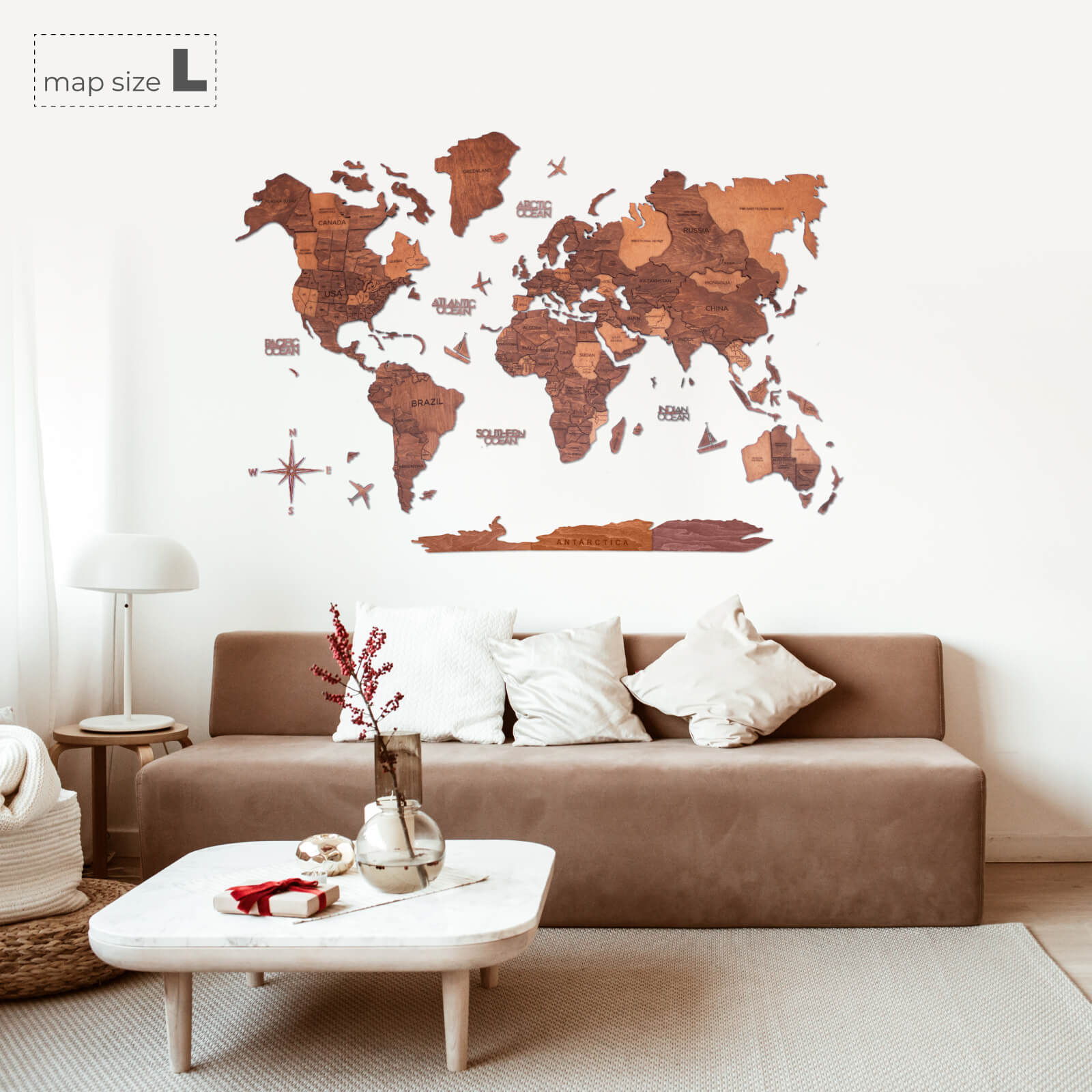 3D Wooden World Map in Oak for Modern Nature-Inspired Decor