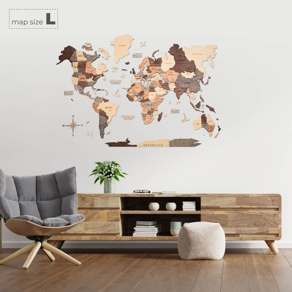 3D Wooden World Map Smokey Brown Minimalist Wall Art