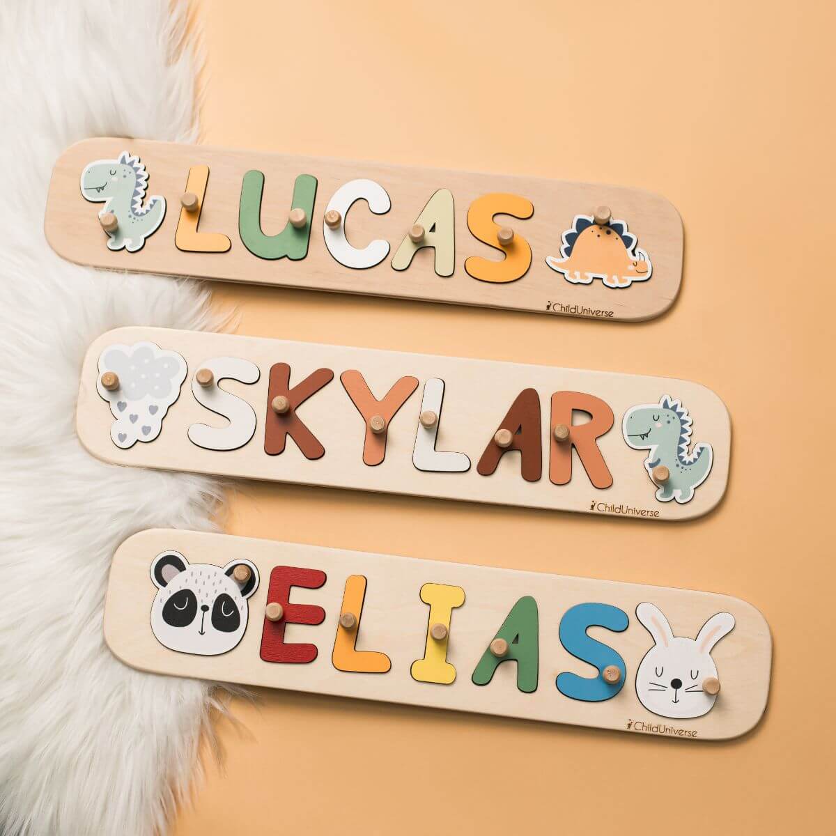 Wooden personalized name puzzle with peg handles on a minimalist background.