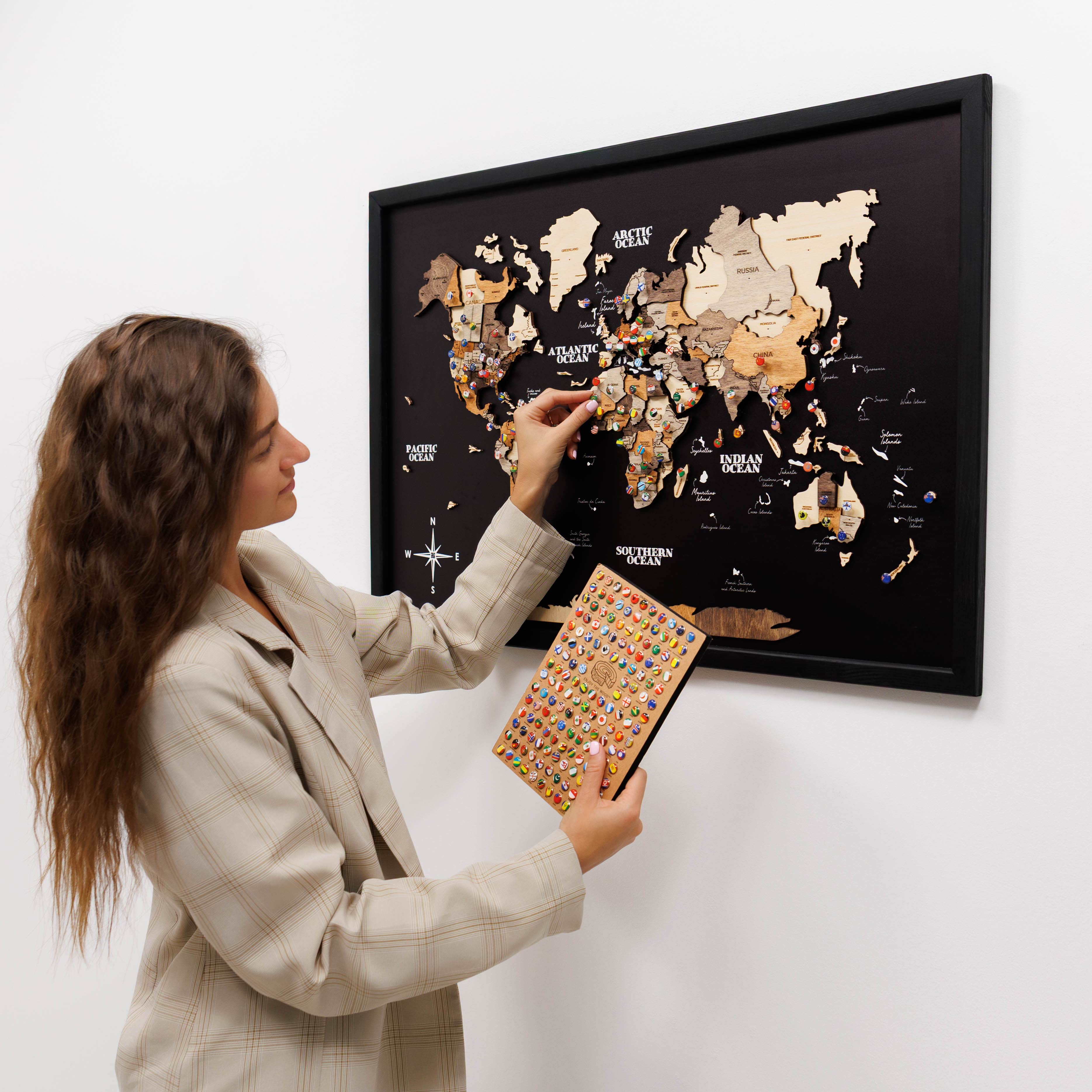 3D Wooden Panel World Map in Multicolor for Modern Homes