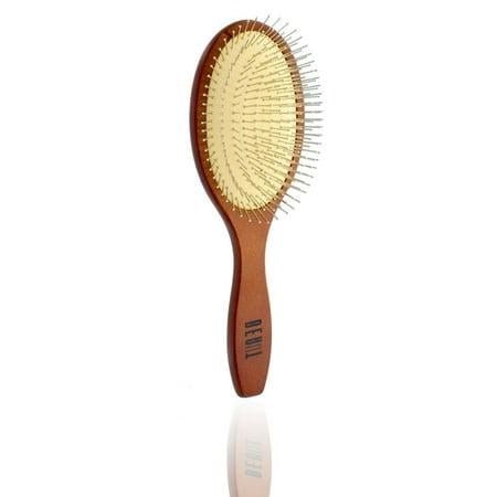 A minimalist wooden round paddle brush with metallic gold-tone bristles on a clean, neutral surface.