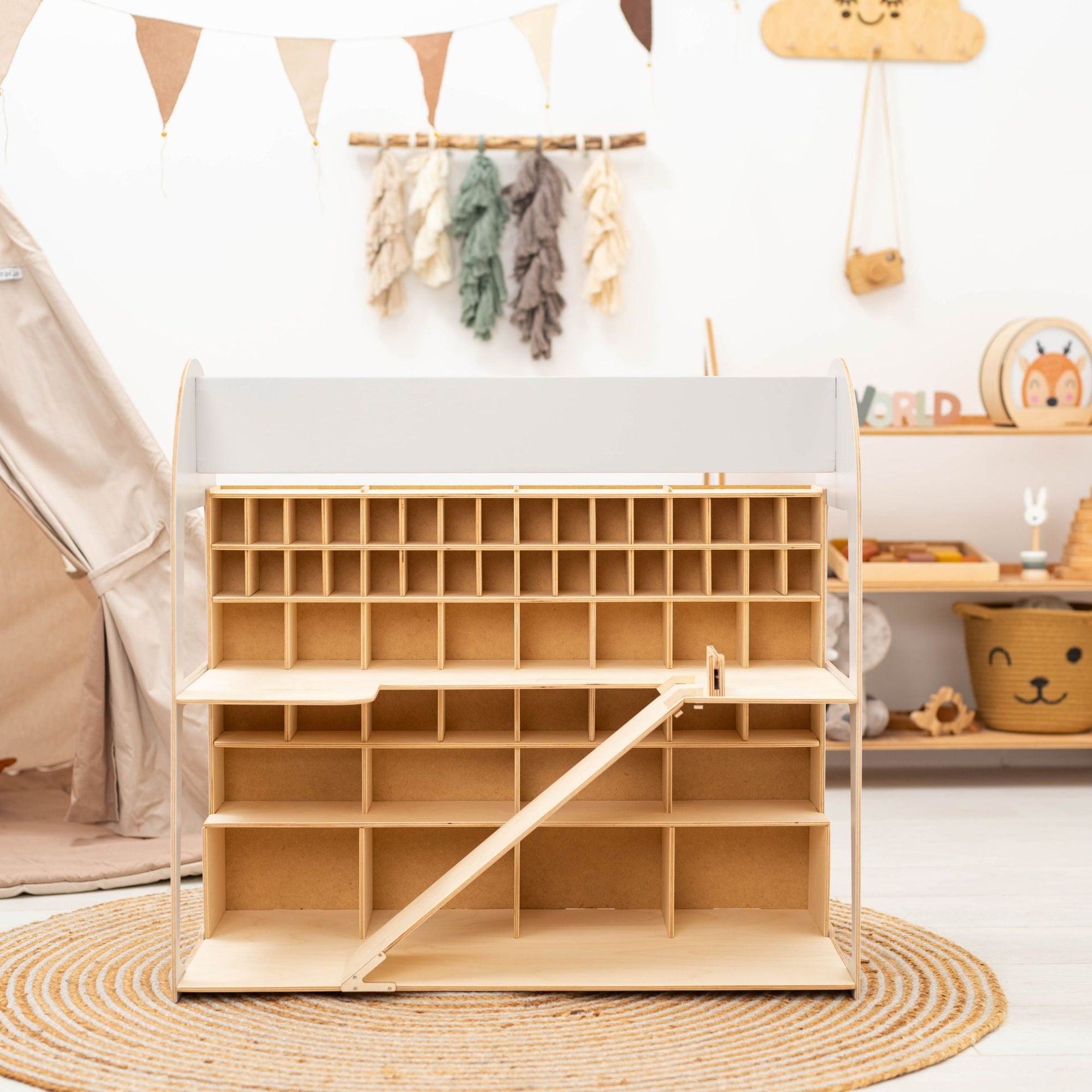 Minimalist Wooden Toy Car Garage Storage