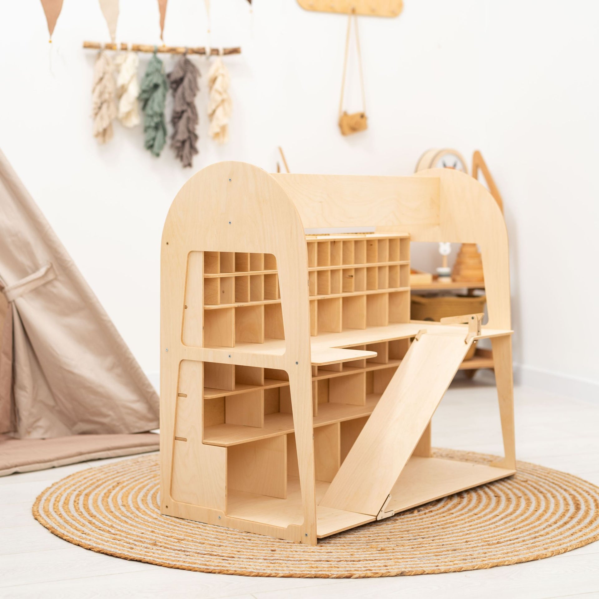 Minimalist Wooden Toy Car Garage Storage