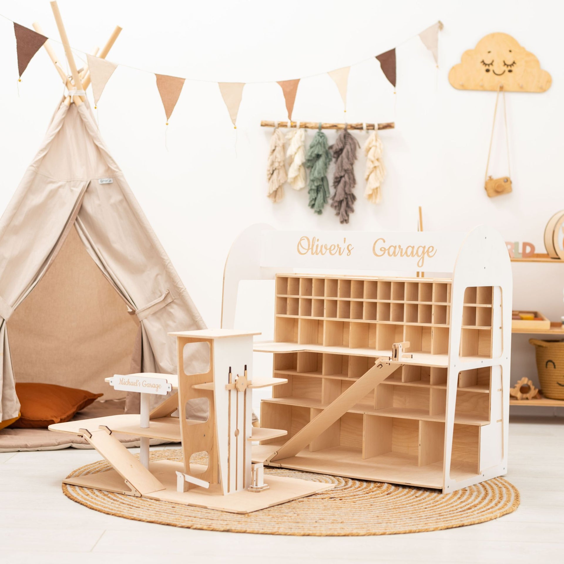 Minimalist Wooden Toy Car Garage Storage