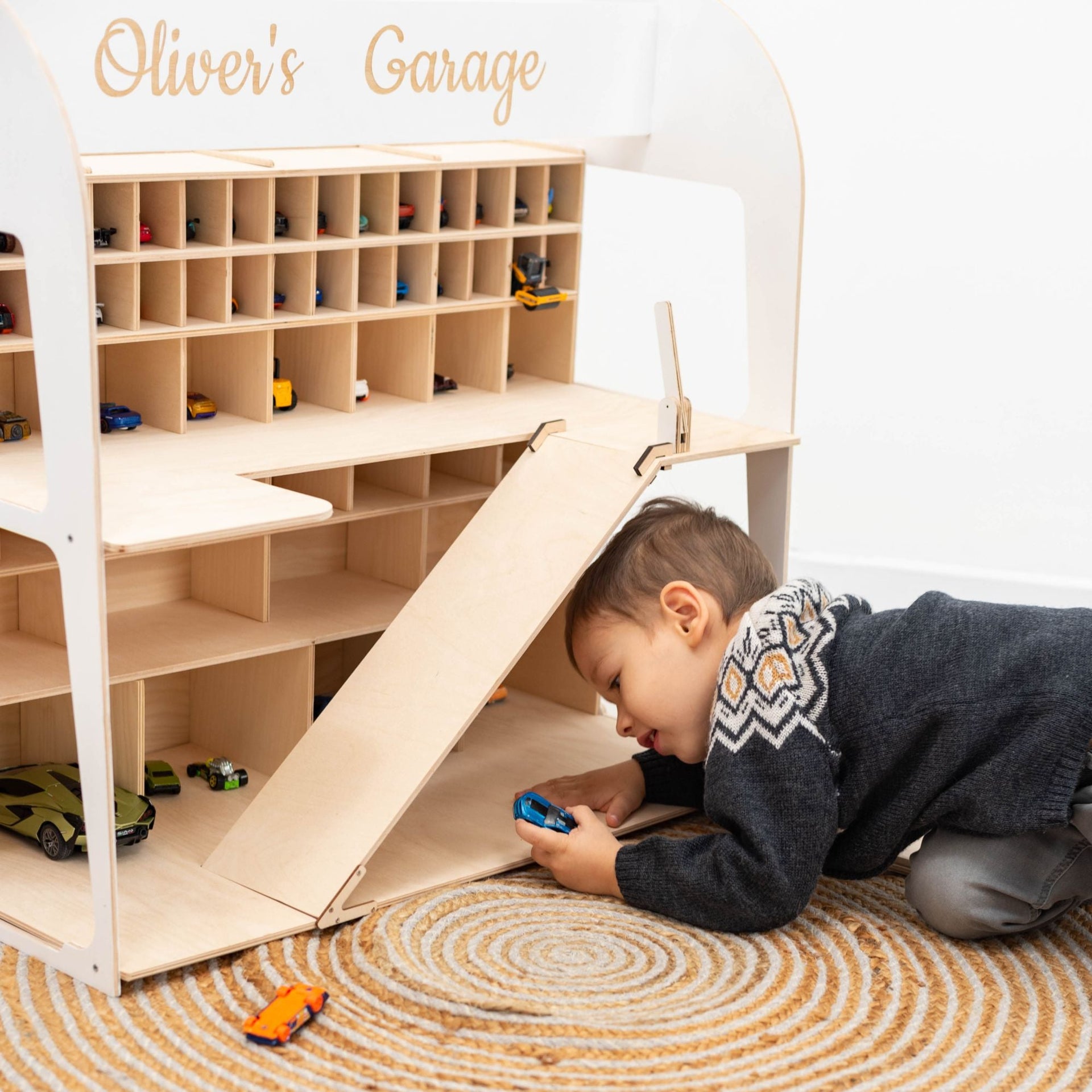 Minimalist Wooden Toy Car Garage Storage
