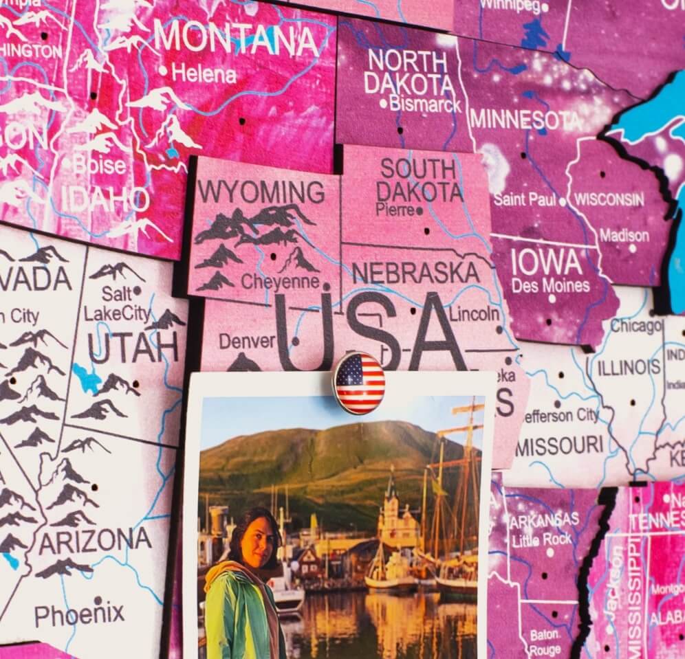 3D Wooden World Map Wall Art, Large Ombré Pink Geometric Decor