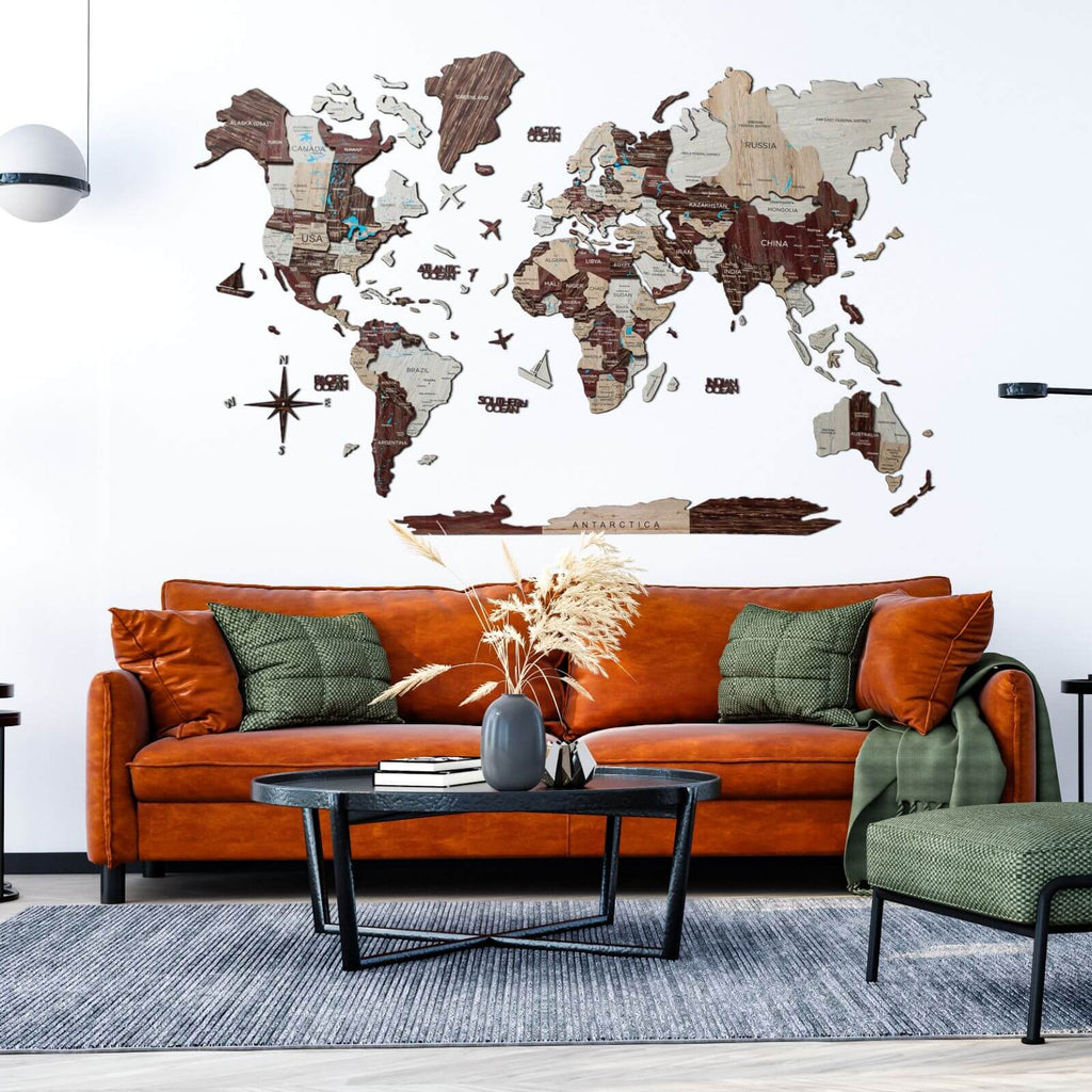 3D wooden world map in cappuccino brown color mounted on a living room wall
