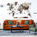 3D wooden world map in cappuccino brown color mounted on a living room wall