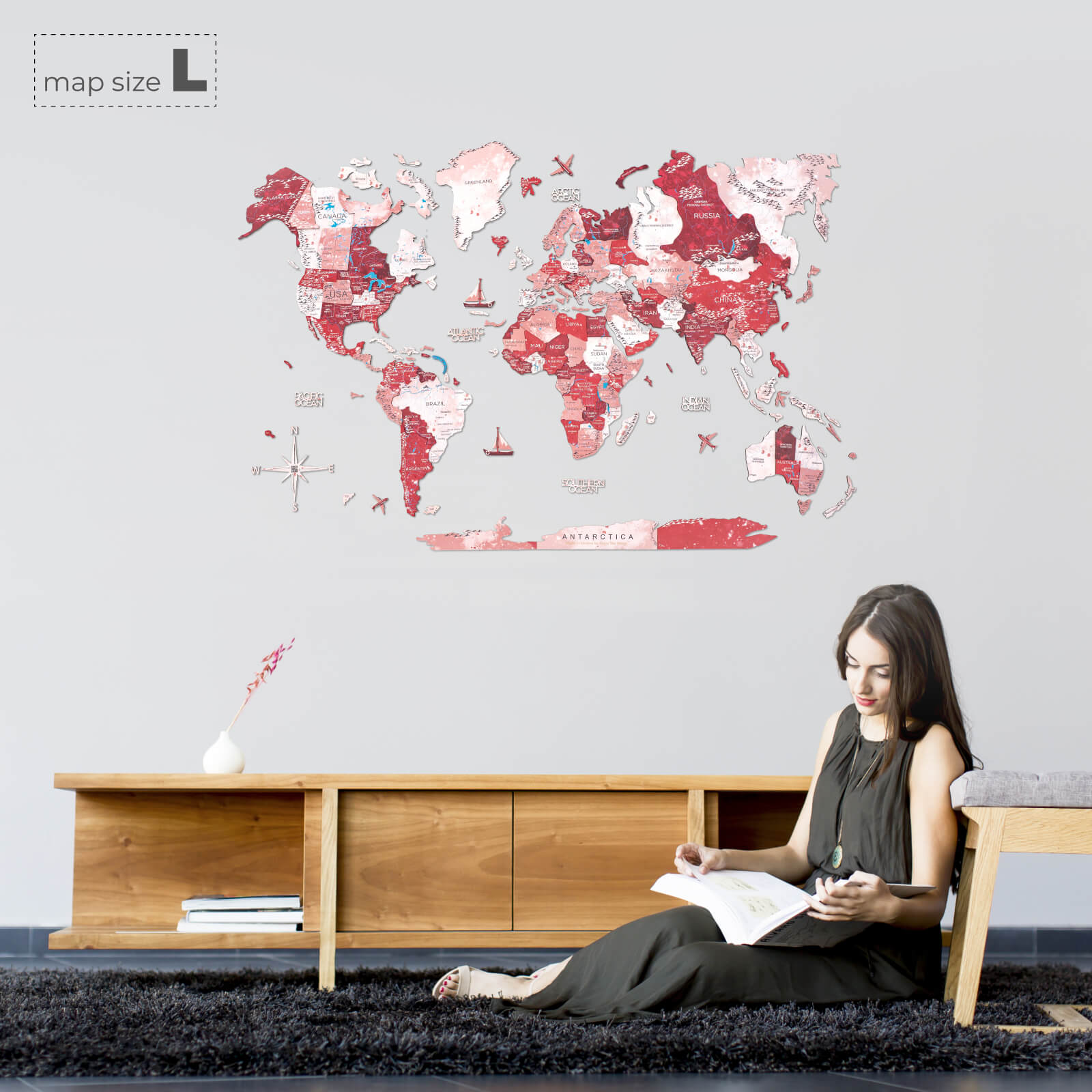 3D Wooden World Map Volcano Red and Pink Geometric Wall Art