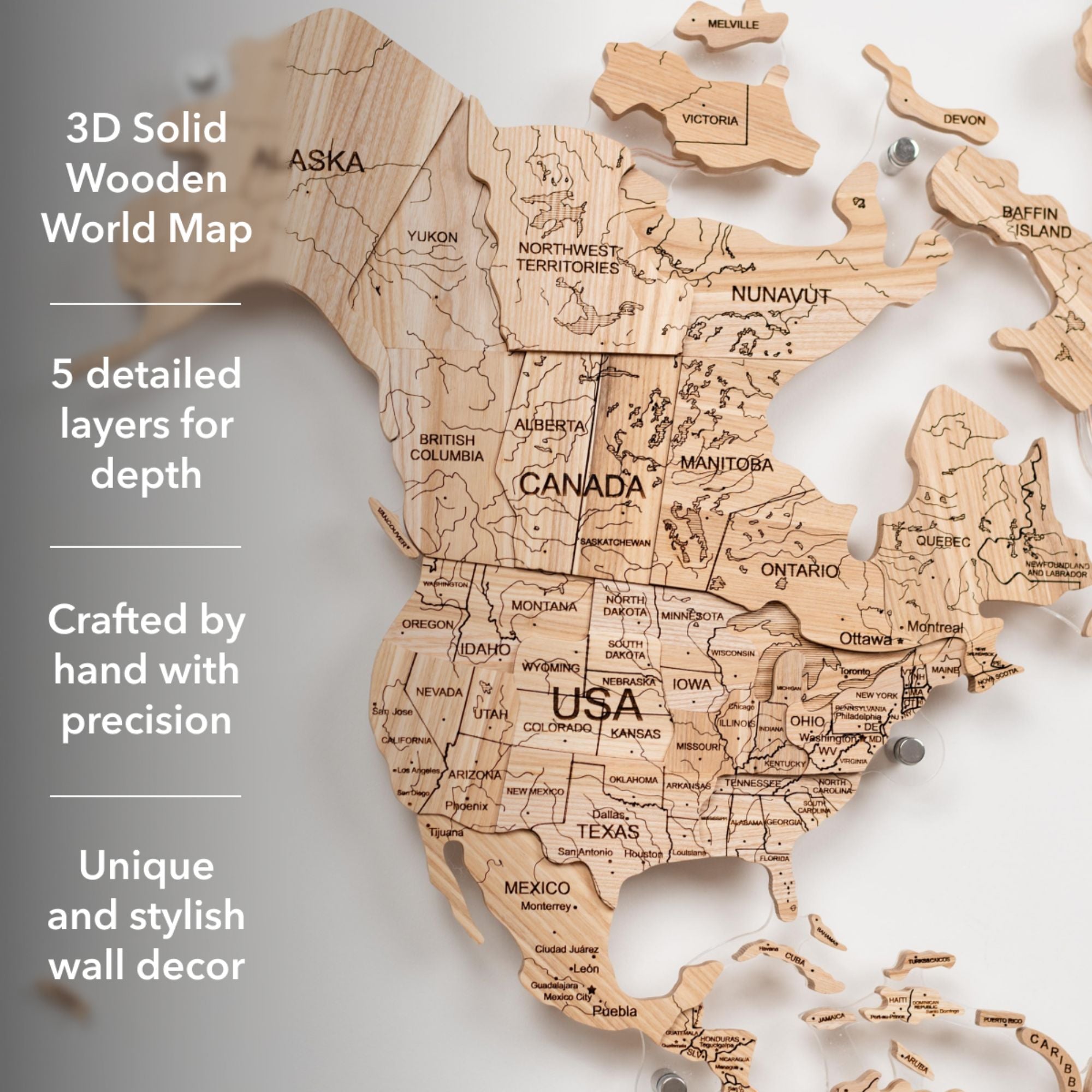 3D Solid Wooden World Map Wall Art - Natural Ashwood Decor