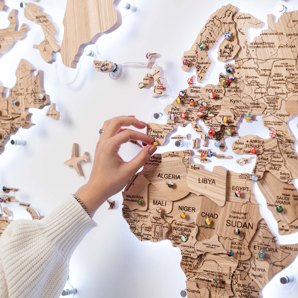 3D Solid Wooden World Map Wall Art - Natural Ashwood Decor