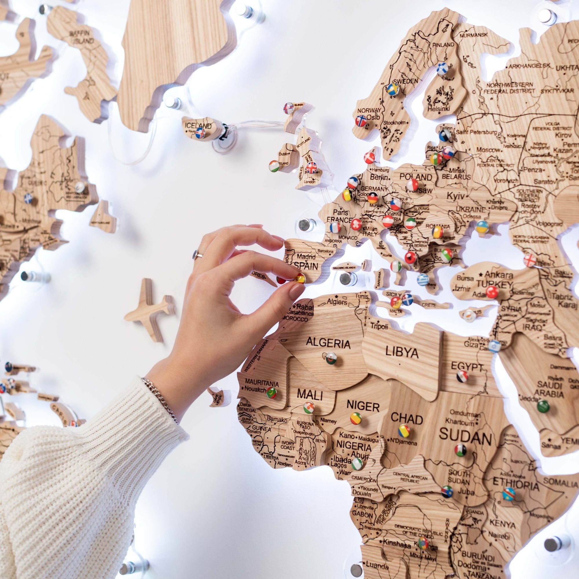 3D Solid Wooden World Map Wall Art - Natural Ashwood Decor
