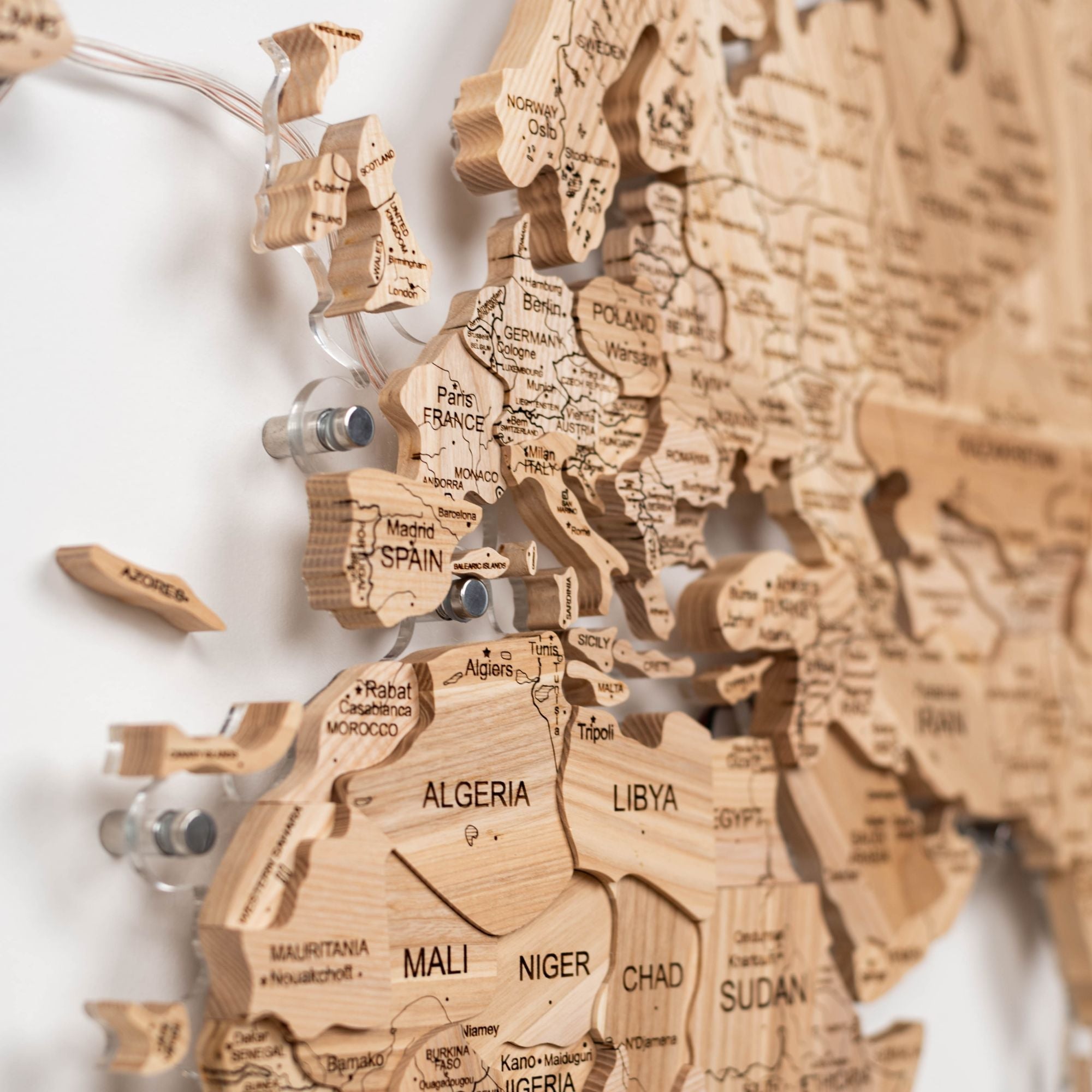 3D Solid Wooden World Map Wall Art - Natural Ashwood Decor