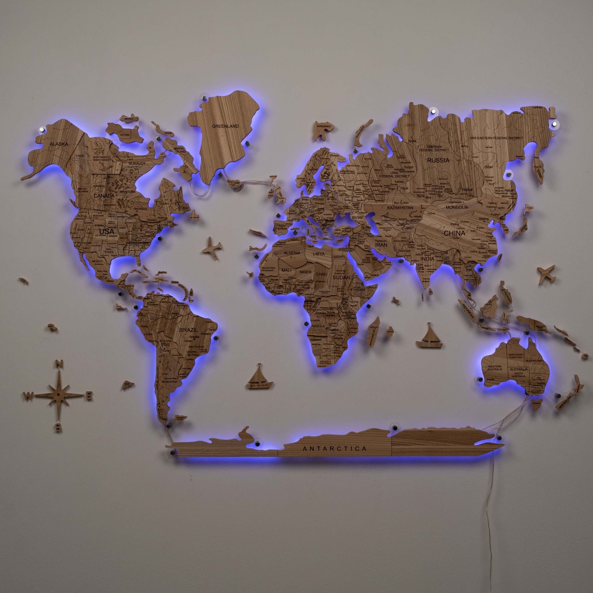 3D Solid Wooden World Map Wall Art - Natural Ashwood Decor