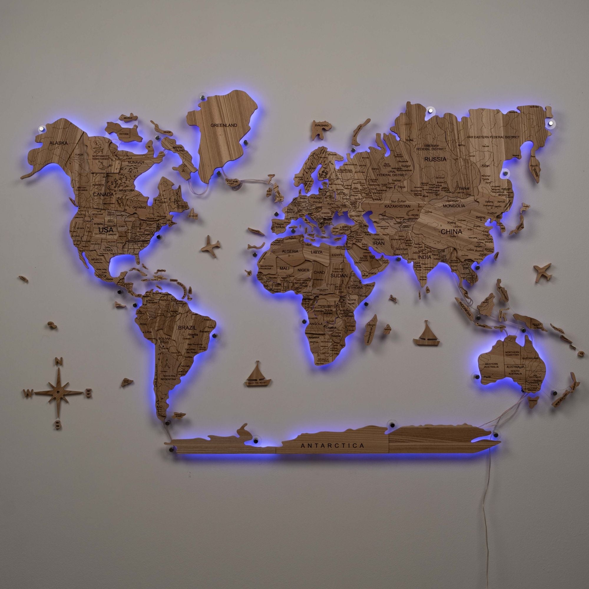 3D Solid Wooden World Map Wall Art - Natural Ashwood Decor