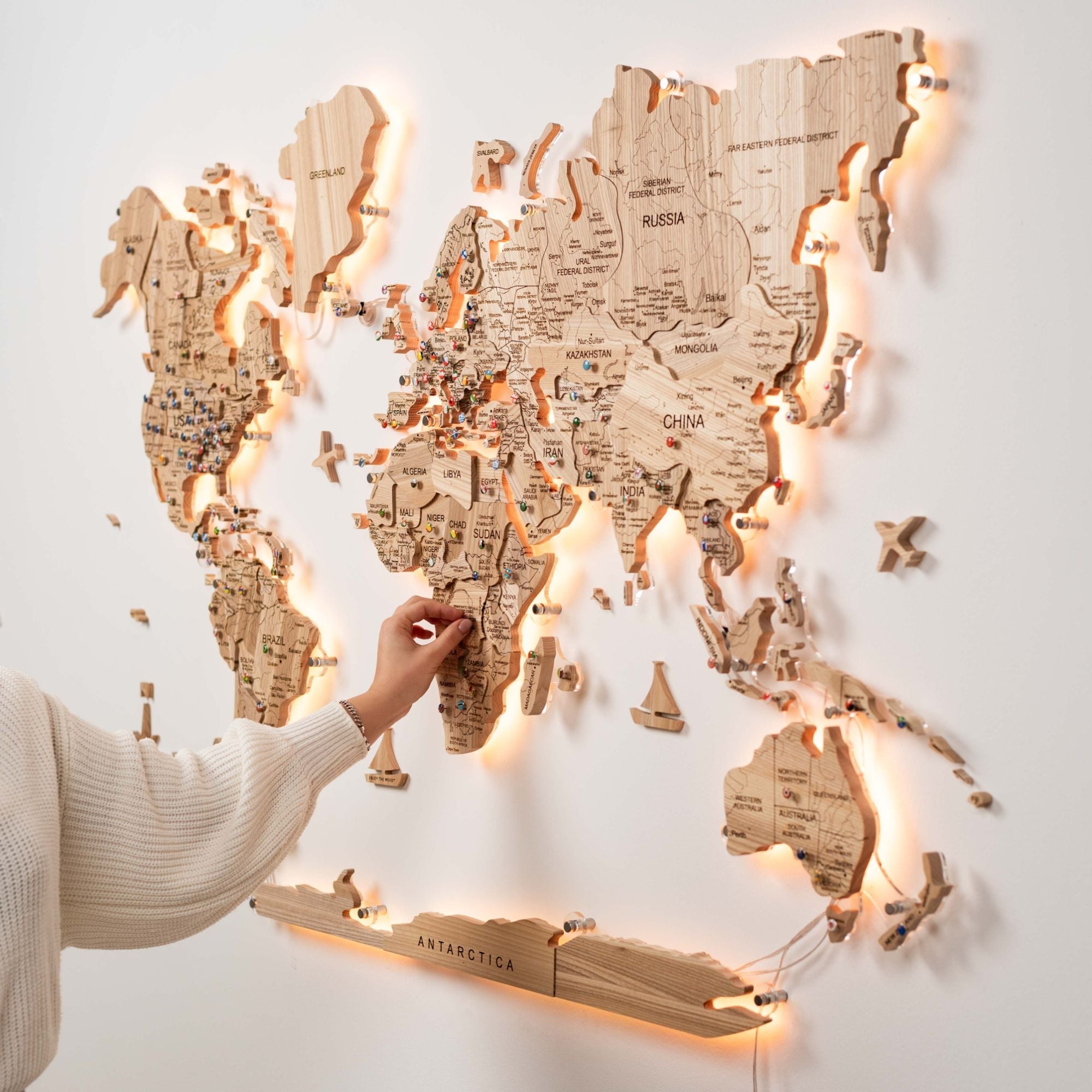 3D Solid Wooden World Map Wall Art - Natural Ashwood Decor