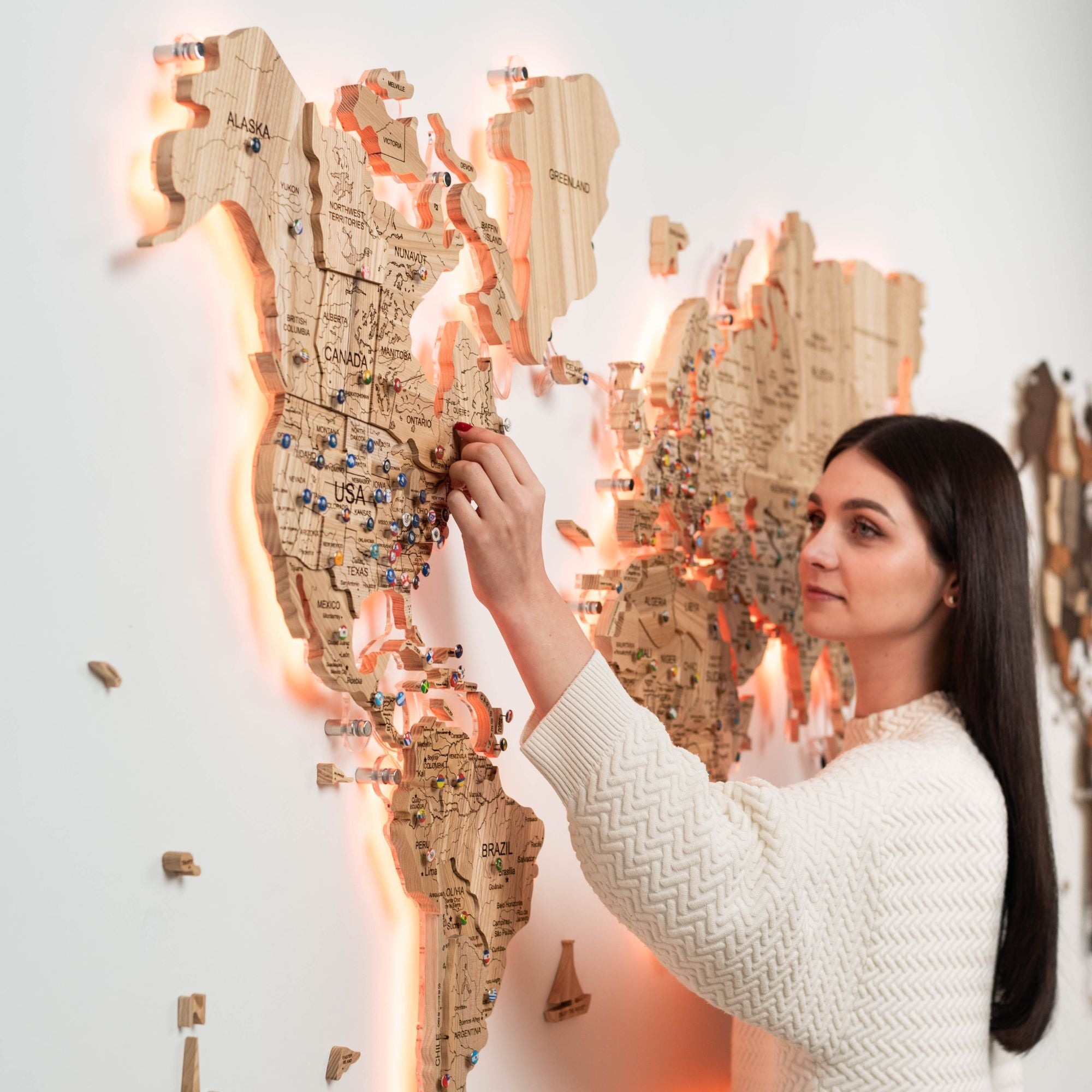 3D Solid Wooden World Map Wall Art - Natural Ashwood Decor