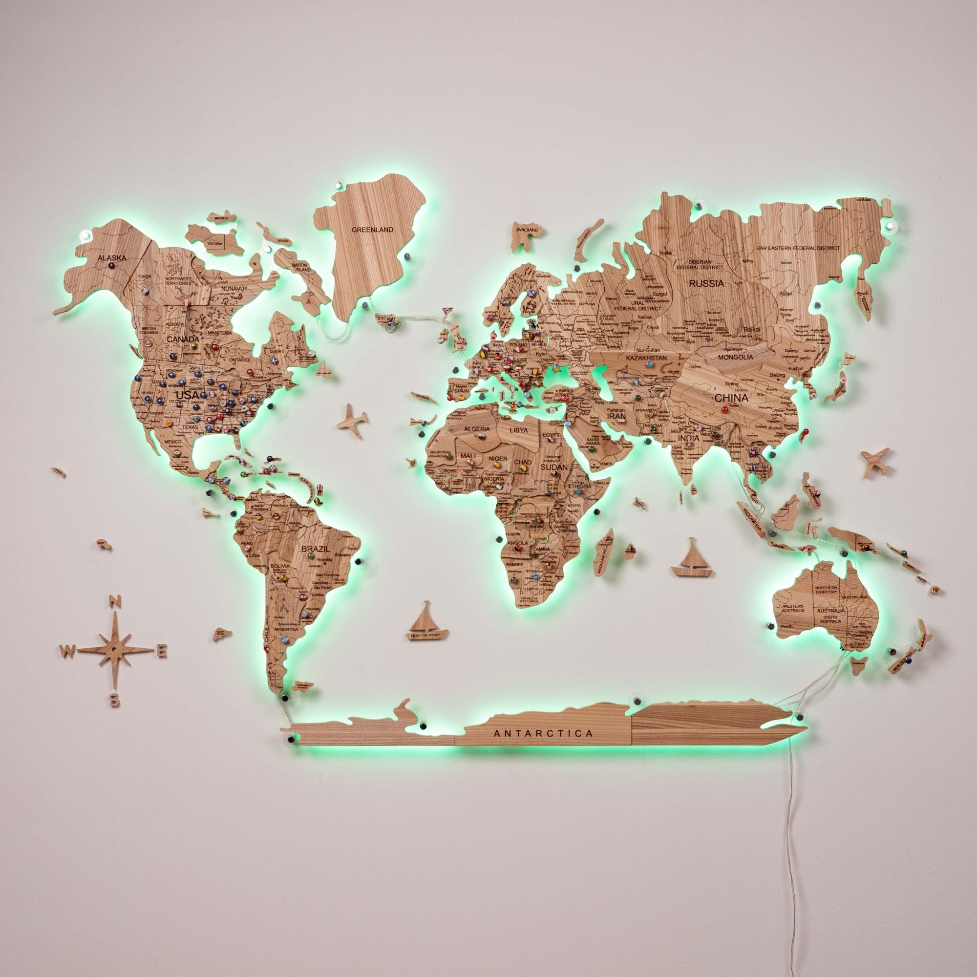 3D Solid Wooden World Map Wall Art - Natural Ashwood Decor