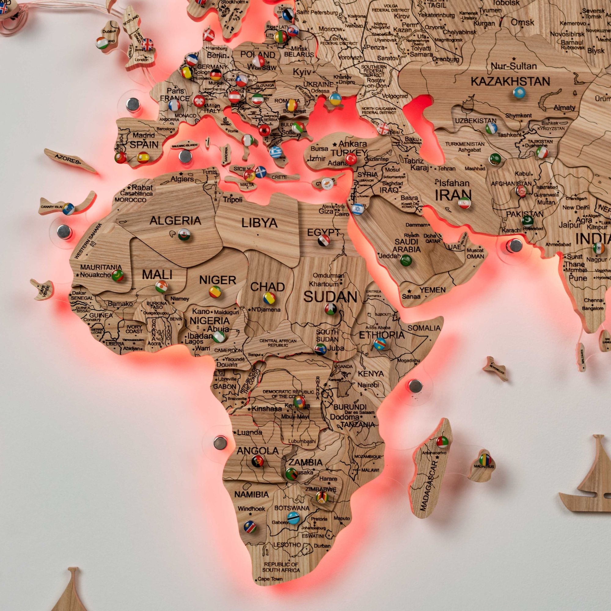 3D Solid Wooden World Map Wall Art - Natural Ashwood Decor