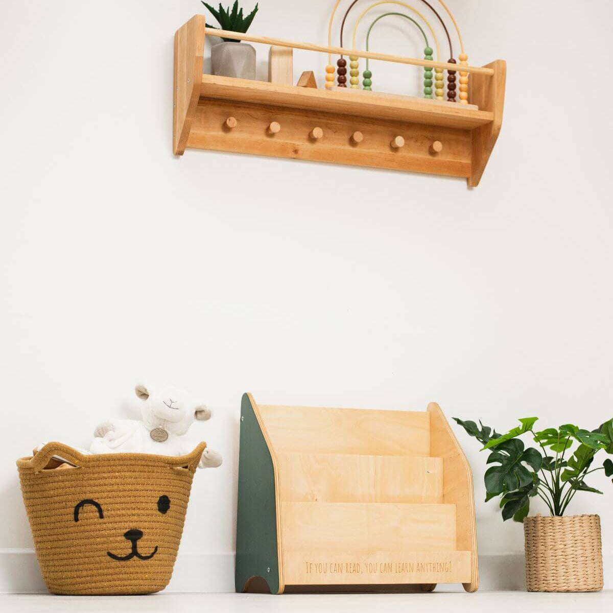 Minimalist Montessori Bookshelf for Toddlers in Natural Wood & Green