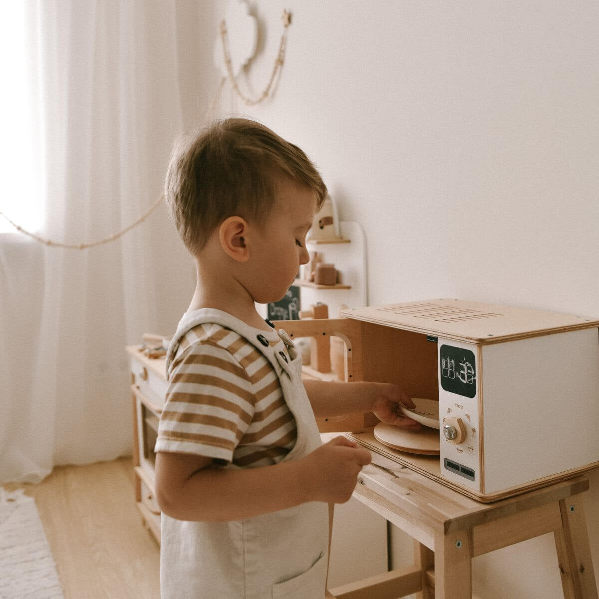 Minimalist Wooden Microwave Toy in Light-Wood and White