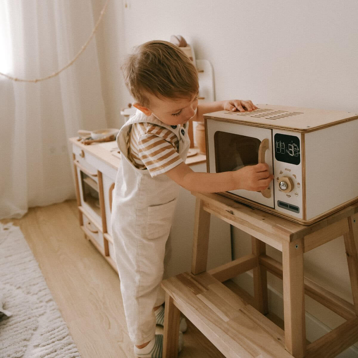 Minimalist Wooden Microwave Toy in Light-Wood and White