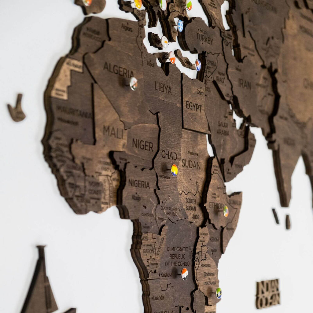 3D Wooden World Map Dark Walnut Modern Minimalist Wall Art