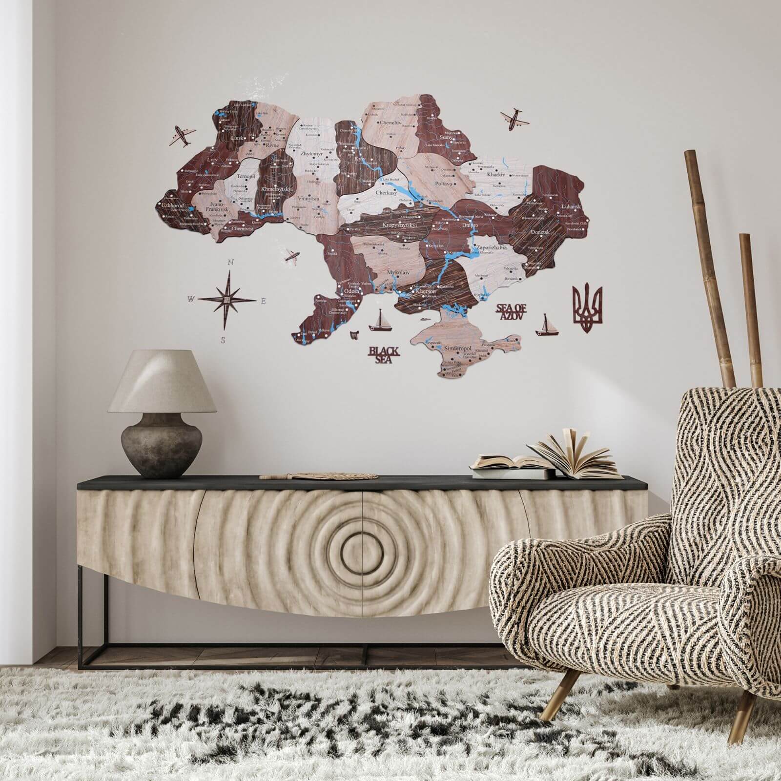 Wooden Map of Ukraine Cappuccino Minimalist Wall Art