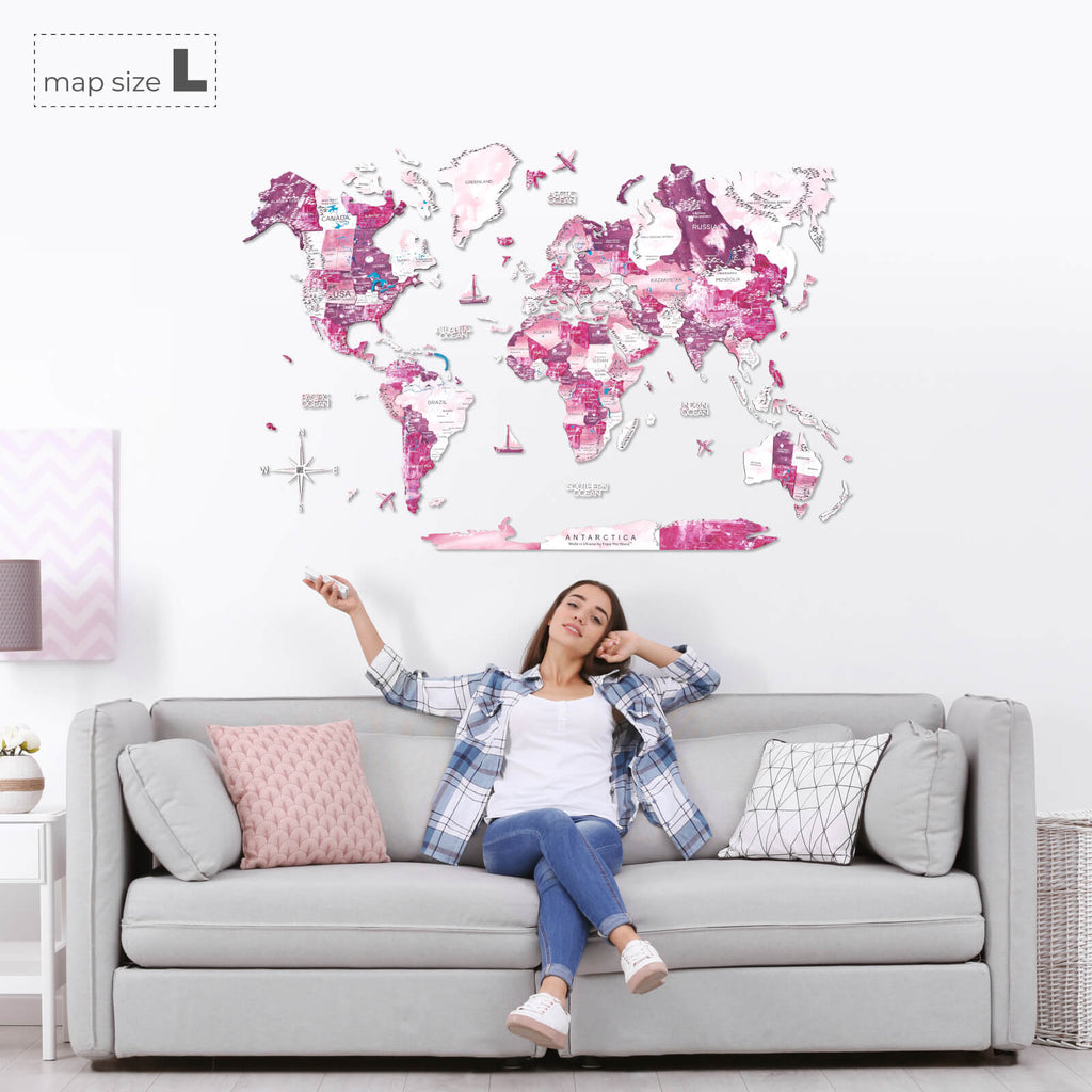 3D Wooden World Map Wall Art, Large Ombré Pink Geometric Decor