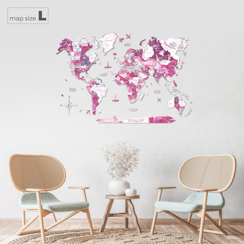 3D Wooden World Map Wall Art, Large Ombré Pink Geometric Decor