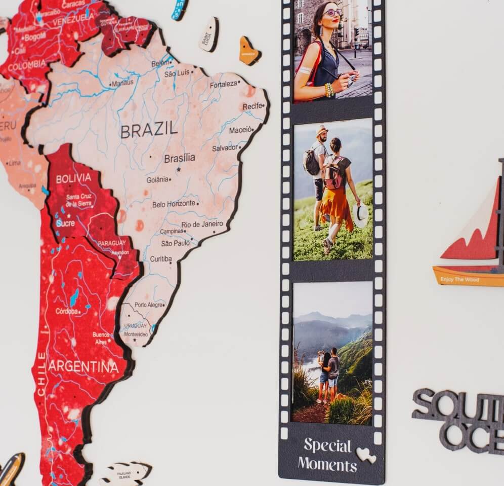 3D Wooden World Map Volcano Red and Pink Geometric Wall Art