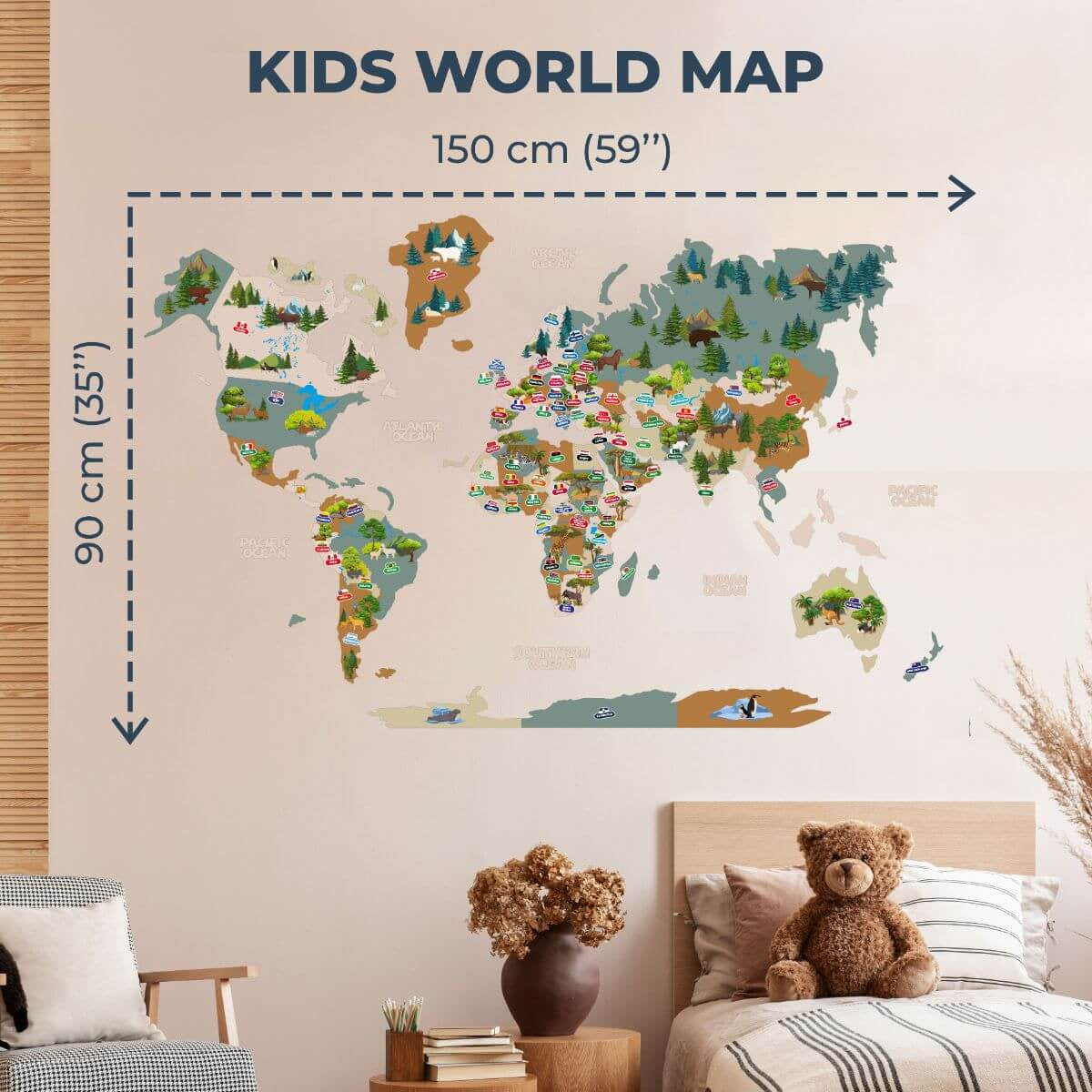 Nursery World Map Wall Art - Educational Indigo Animal Decor