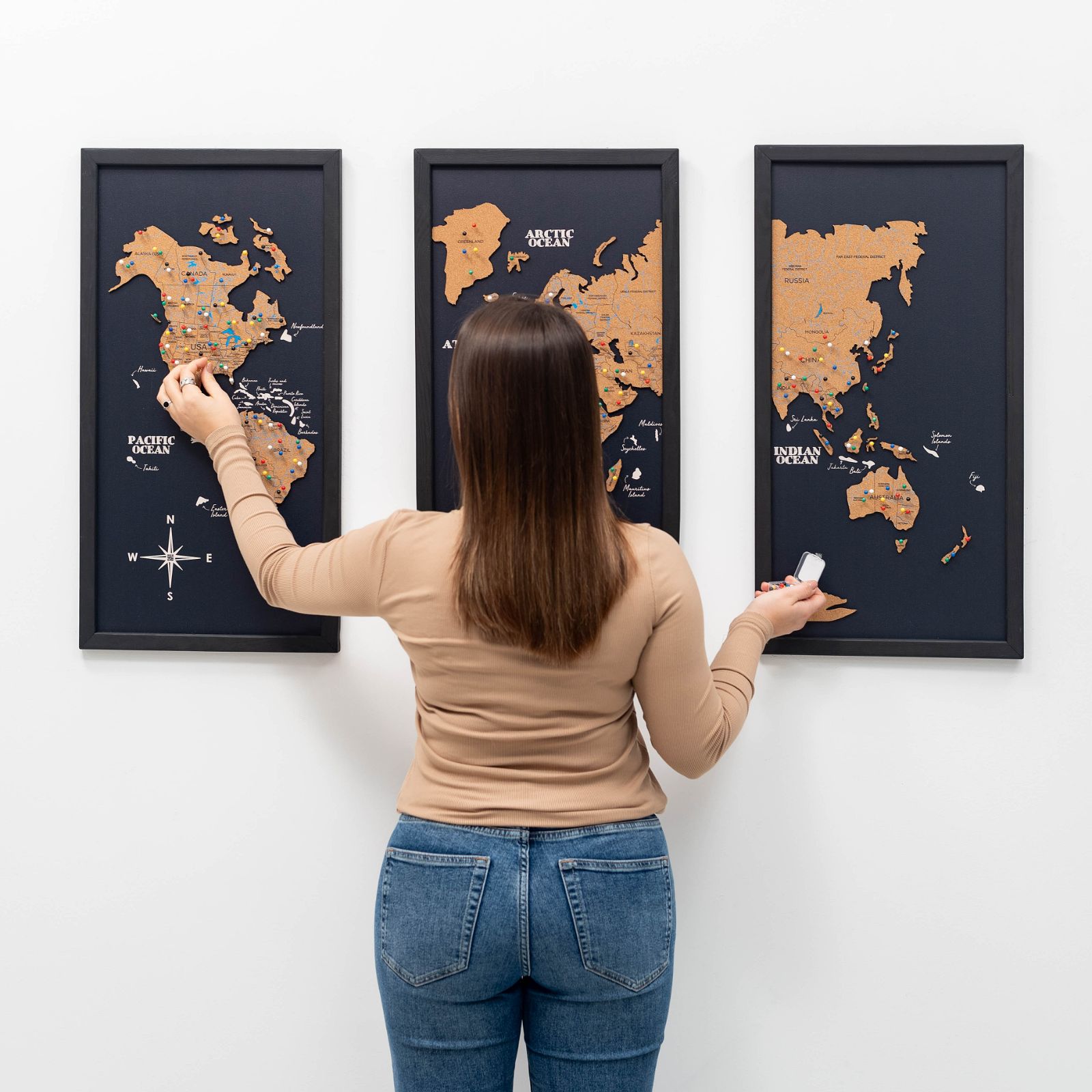 Cork World Map Triptych Wall Art - Black 3-Piece Map Decor