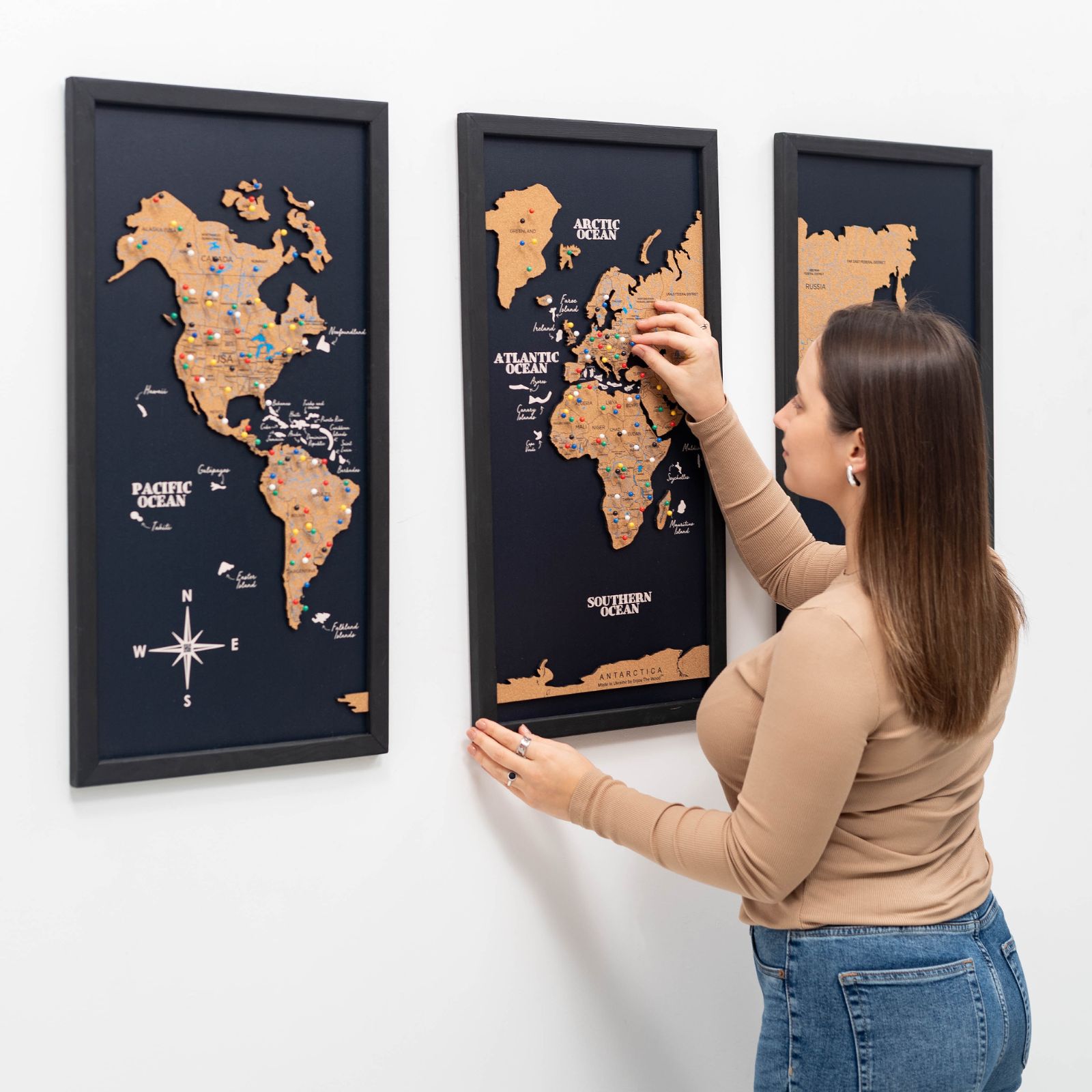 Cork World Map Triptych Wall Art - Black 3-Piece Map Decor