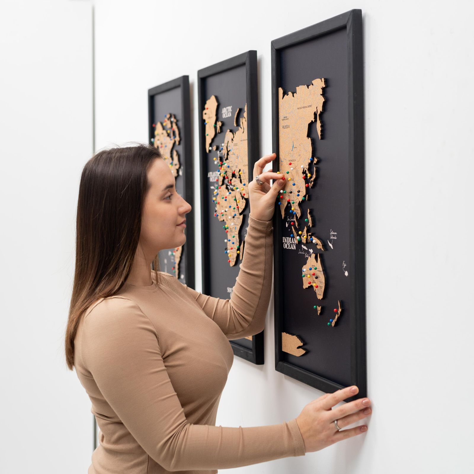 Cork World Map Triptych Wall Art - Black 3-Piece Map Decor