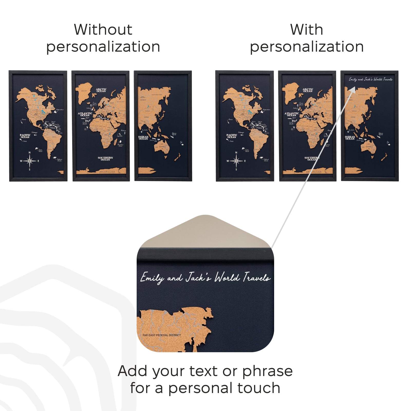 Cork World Map Triptych Wall Art - Black 3-Piece Map Decor