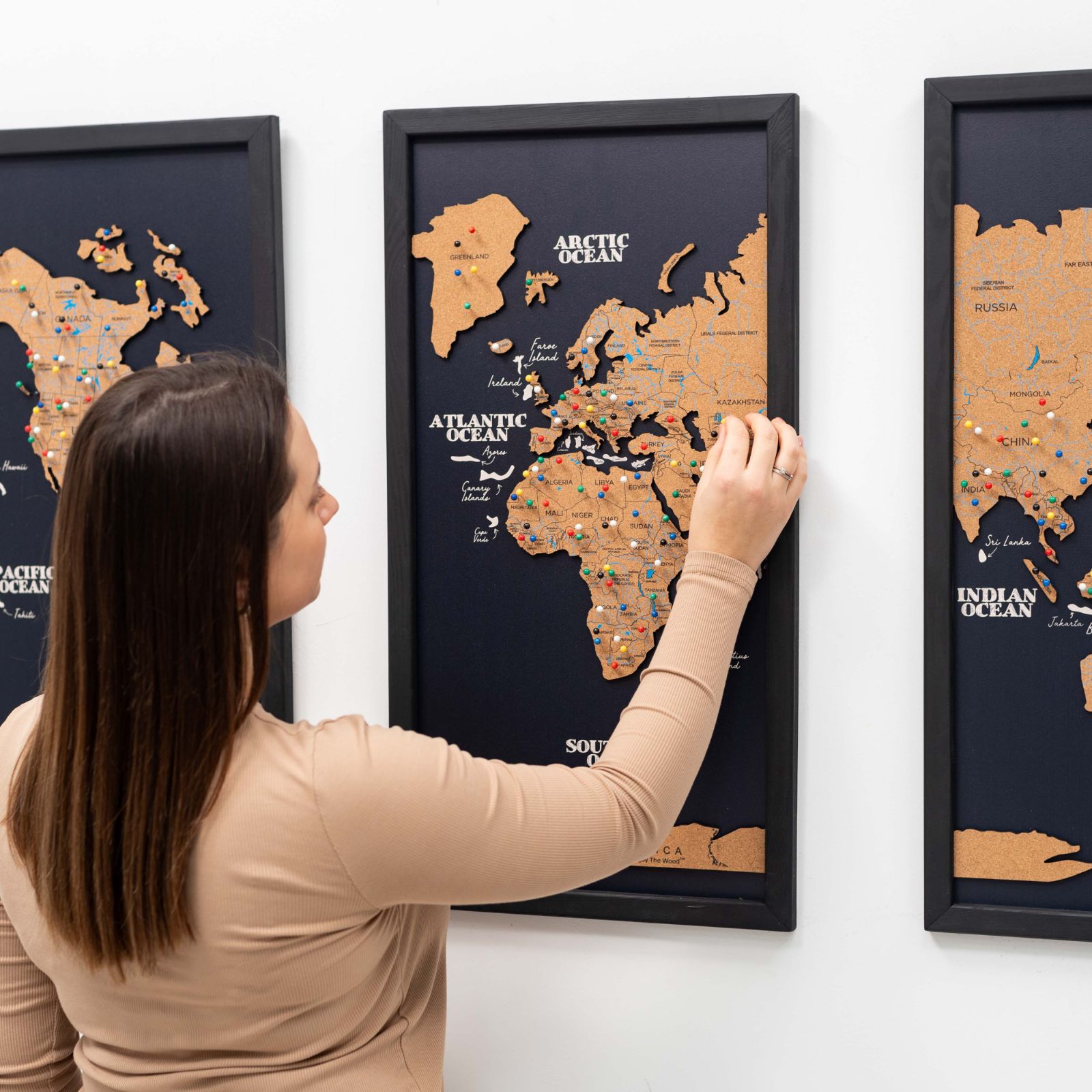 Cork World Map Triptych Wall Art - Black 3-Piece Map Decor