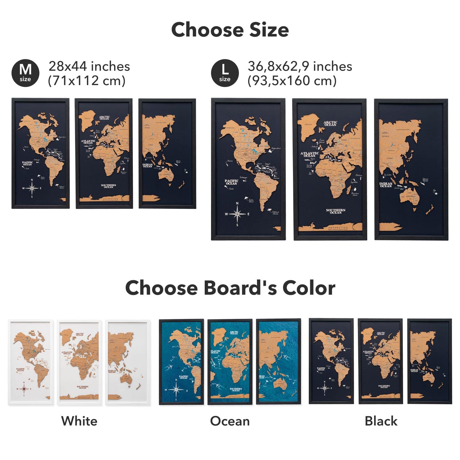 Cork World Map Triptych - White Modern Wall Art Decor